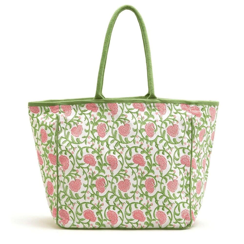 Two's Company Floral Block Print Tote Bag Pink and Green Floral